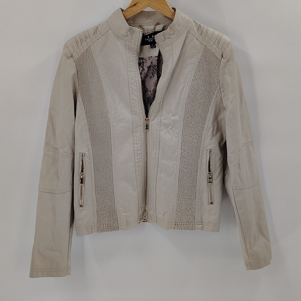 LA Coalition Moto Jacket XL Beige Zip Up Textured Gold Hardware Long Sleeve
